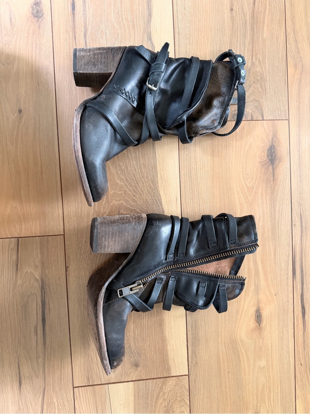 Bakers Black Leather Strappy Block-Heel Ankle Boots